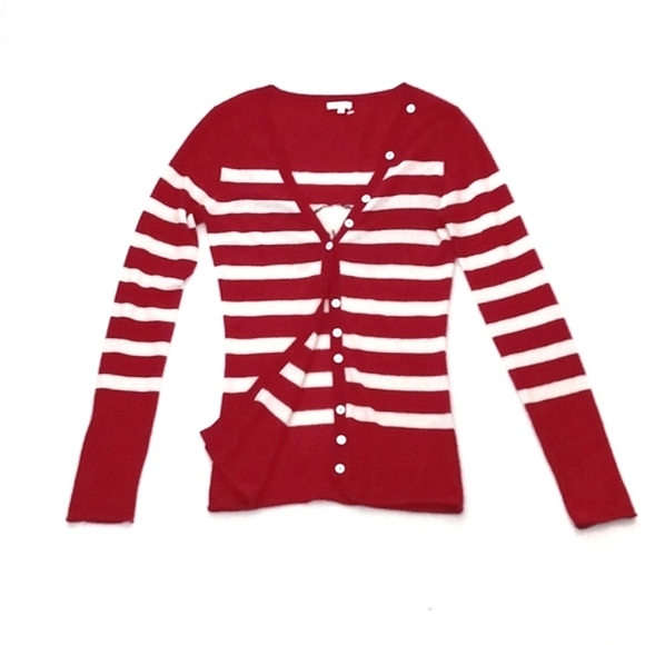 *Relisted* Cashmere & Silk Red White Stripe Long Sleeve Cardigan Skull on Back S - Picture 7 of 14